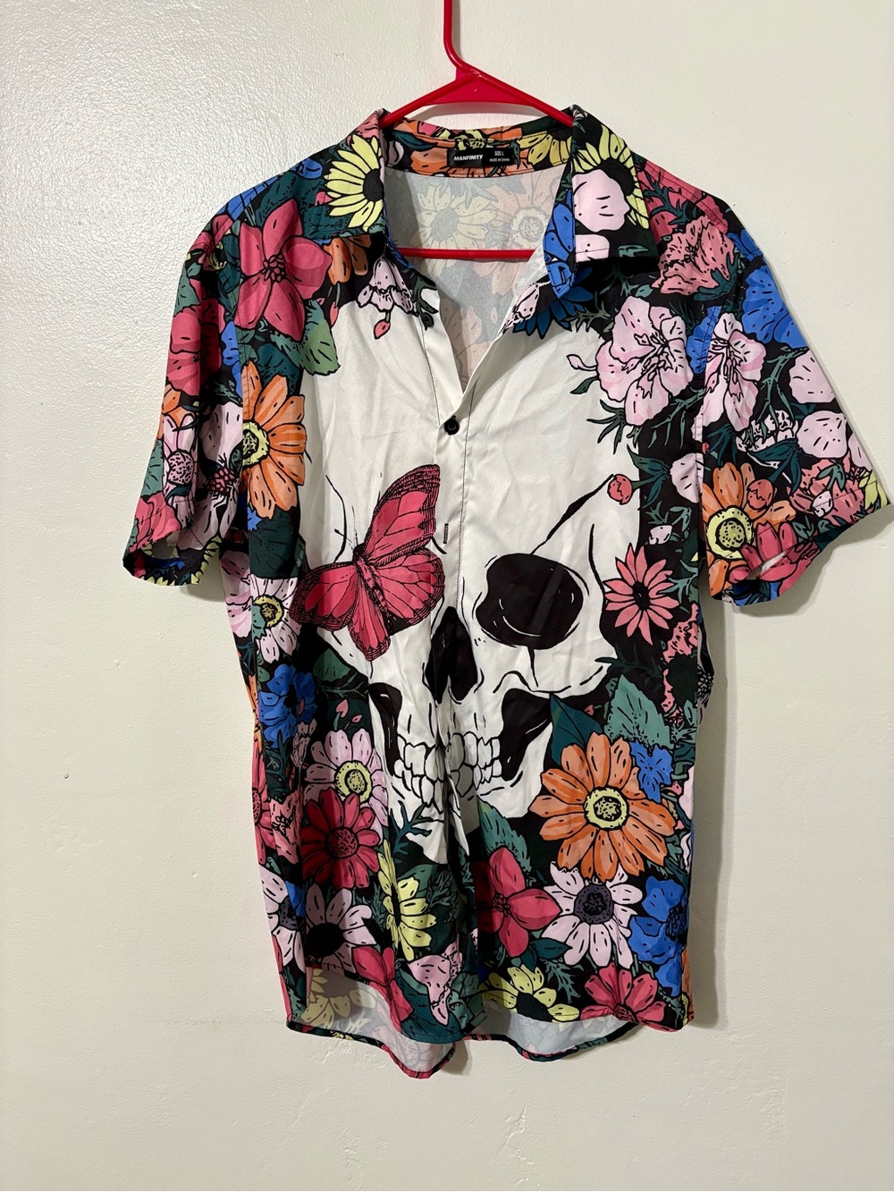 Manfinity Multicolor Floral Skull Short-Sleeve Button-Down Shirt